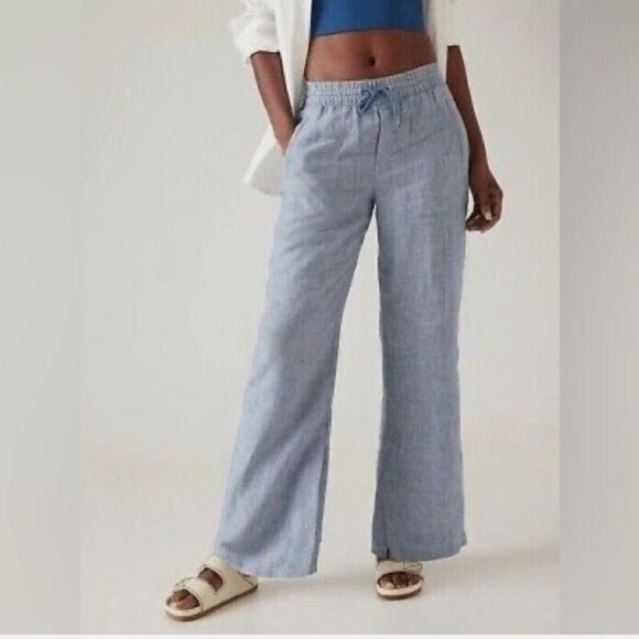 Athleta Pants - Athleta Retreat Linen Wide Leg Pant Chambray Blue Size 12 slits on sides